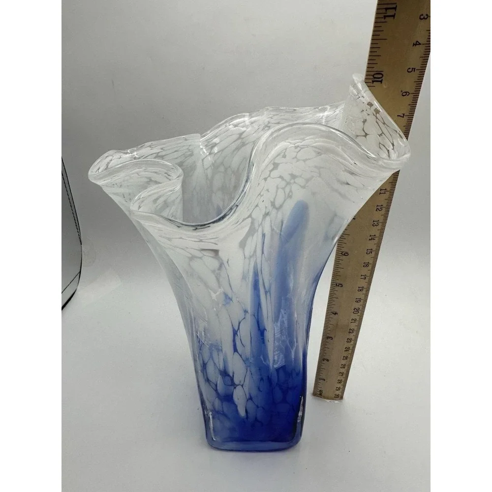Hand Blown Art Glass Vase Blue White Spatter Ruffled Rim Studio Glass - Picture 9 of 10